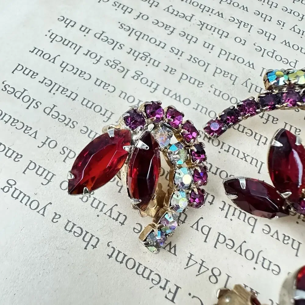 Vintage Red Rhinestone Brooch & Clip Earring Set Pink AB Swirl Cluster Sunburst